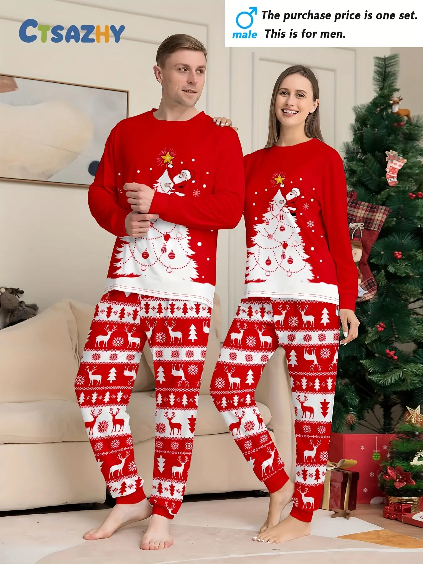 Couple's Christmas Long Sleeve Pants Loungewear Pajama Set Santa Claus Christmas Elk Christmas Tree & Lights Decoration Combination Print Elements Christmas Set Crew Neck Design Men's or Women's Single Set