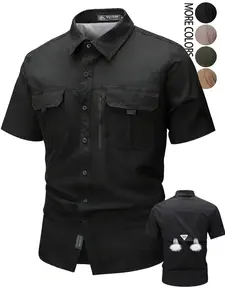 New Summer Casual Short Sleeve Shirt for Men, Solid Color Outdoor Sports Zip Pocket, Back Ventilation Design, Button Front