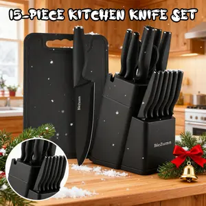 15-piece multi-functional kitchen knife set with knife stand for easy storage, thickened stainless steel kitchen knife set, anti-slip ABS handle, board and scissors, built-in knife sharpener super sharp kitchen knife
