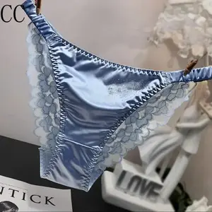 Thin Satin Silky Rhinestone Bikini Lace Underwear Women's Embroidered Flower Women's Briefs Cotton Crotch(Sheet)