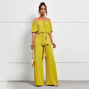 Classy Breathable Two-Piece Set - Off Shoulder Crop Top with Wide Leg Pant Perfect for Vacation Holidays in Lime Green