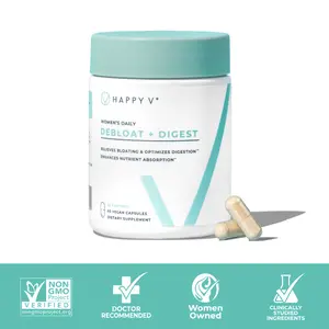 Happy V Debloat + Digest Capsules - 23 Digestive Enzymes for Bloating Relief & Gut Health - Natural Wellness Supplement for Digestive Support