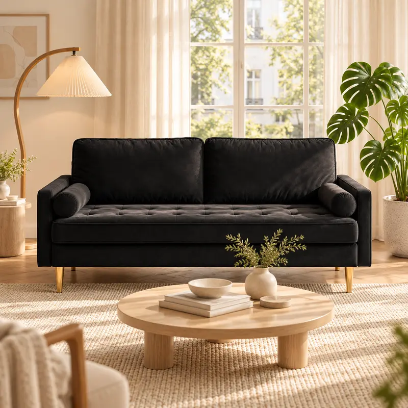 SZLIZCCC 65" Midcentury Modern Upholstered Loveseat Sofa, 2-Seater Velvet Tufted Comfy Couch with Bolster Pillows, Golden Metal Legs, Minimal Chic Low Profile Indoor Furniture for Small Living Room, Apartment (Black)