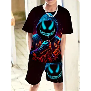 1set Boys' 3D Digital Print Casual Outfit - Short Sleeve T-Shirt and Shorts Combo, Graphic Style, Comfortable Wear, Polyester and Spandex Blend, Regular Fit,/Collection, Outdoor