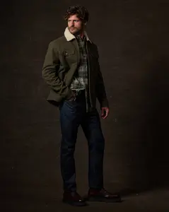 Sherpa Lined Canvas Twill Trucker in Dark Olive