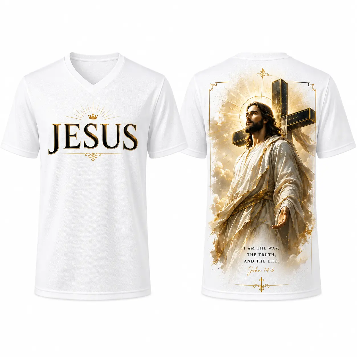 Jesus Christian Faith V-Neck Sports Shirt for Men Women, John 14:6 Cross Graphic Short Sleeve Inspirational Tee