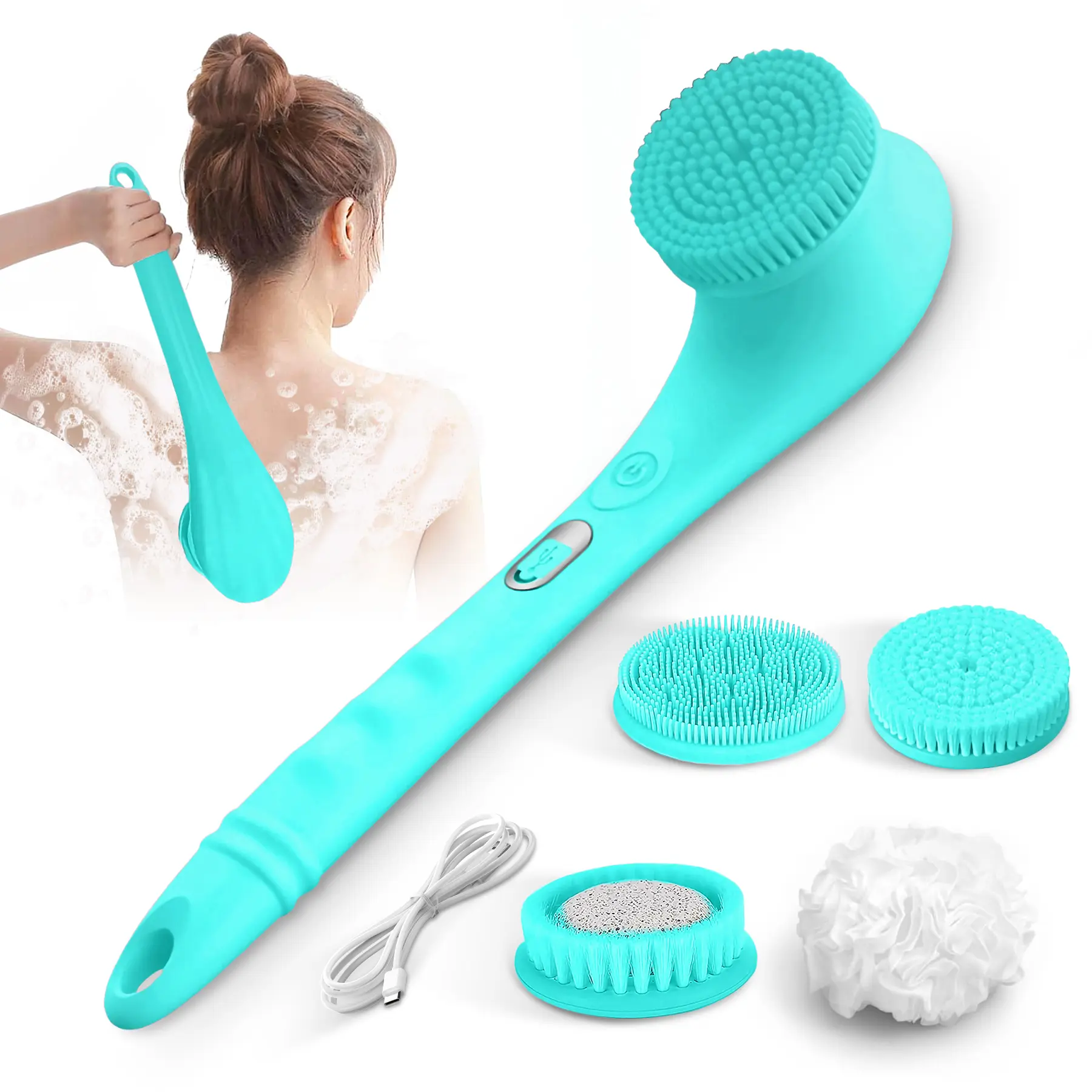 Rechargeable Waterproof Electric Bath Brush Back Scrubber - Long Detachable Handle, 4 Brush Heads, 2 Speeds, Silicone Exfoliating Massager, Pink Bristles, Batteries Included, for Face & Child, Elderly-Friendly Bathing Accessory, Water Proof, All Skin Type