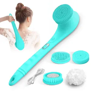 Electric Bath Brush Back Scrubber, Detachable Long Handle Exfoliating Face Cleansing Silicone Massager, 4 Brush Heads, 2 Speeds, Pink Bristle