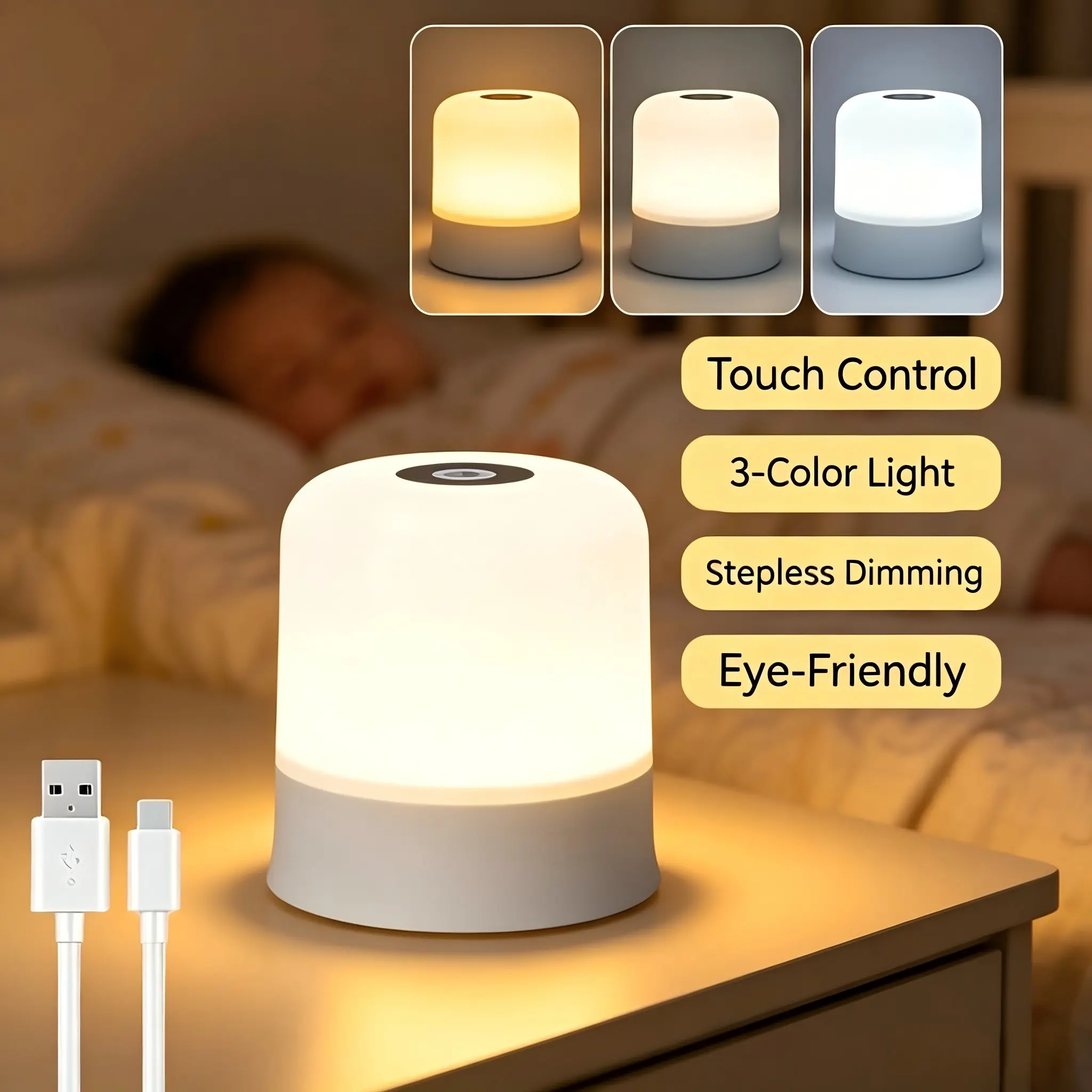 USB Rechargeable Touch Control Night Lamp | Kids Friendly Bedside Light | Gentle Sleep Companion Lamp | Soft Warm Bedroom Light | Perfect for Night Feeding & Late Night VisitsAmbient Lighting | Ideal for Night Nursing & Midnight Get-Up