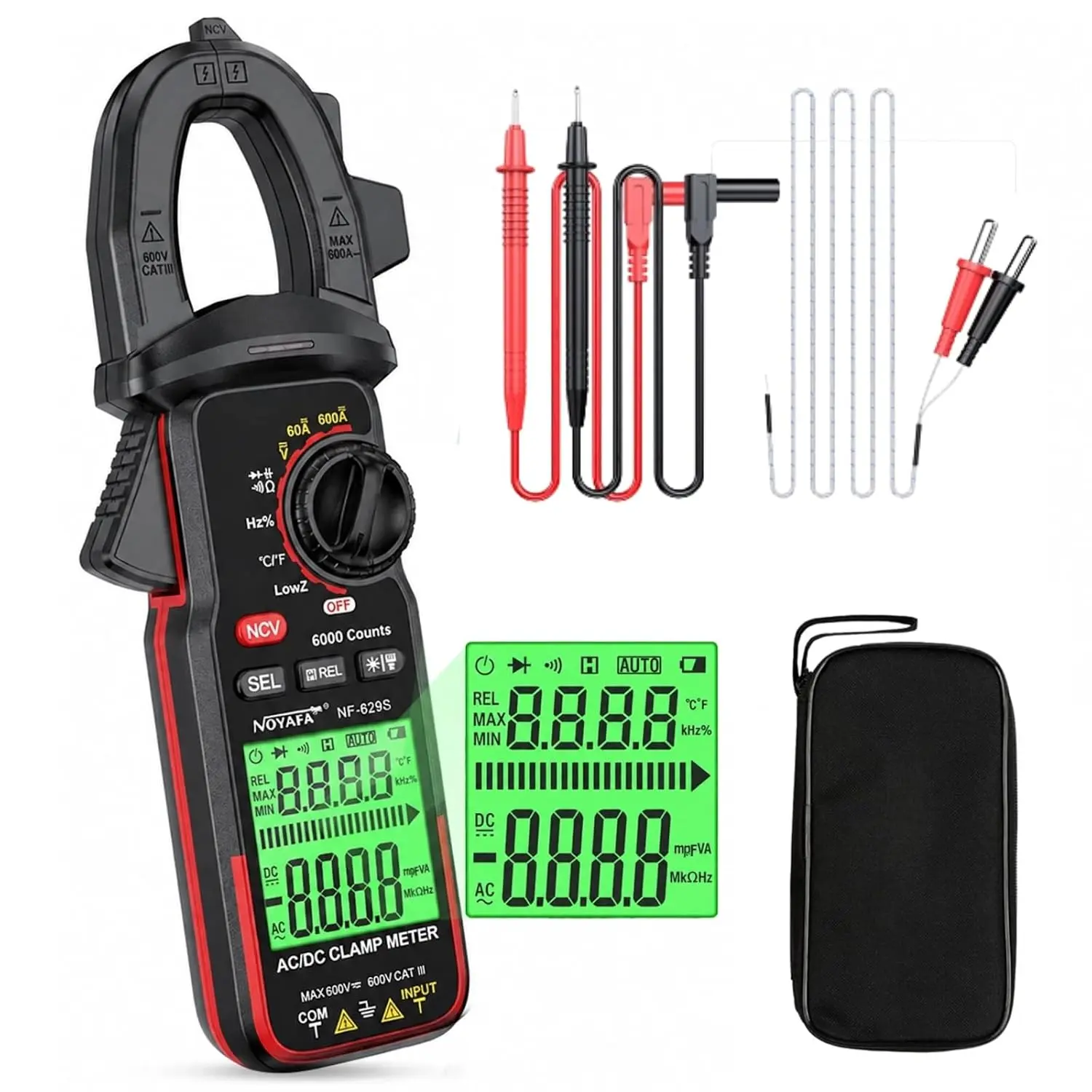 NOYAFA Digital Clamp Meter Multimeter 6000 Counts TRMS Capacitance Multimeter for 600V AC/DC Voltage, High AC Current, Capacitance, Diode Test, Continuity Test, Temperature