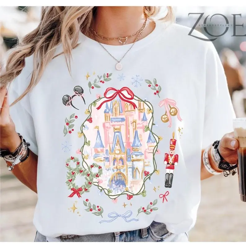 Delivered after Christmas-Coquette Bow Christmas T-Shirt, Xmas Magic Castle Christmas Tee, Nutcracker Xmas Gift