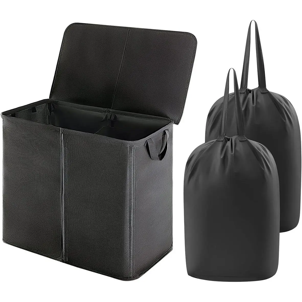 Double Laundry Hamper with Lid, 1 Set Including 1 Count Large Dirty Clothes Hamper & 2 Counts Removable Laundry Bag, Collapsible Laundry Basket for Be