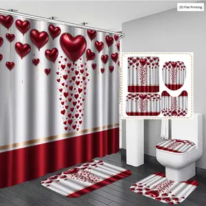 1/3/4PCS Valentine's Day Heart themed Decor with Red Balloons Shower Curtain Set with Rugs, Non Slip Bath Mat, U-Shape Carpet, Toilet Lid Cover, Bathtub Curtain Accessories, 12 Hooks, Home Bathroom Festival De Bathroom Accessory
