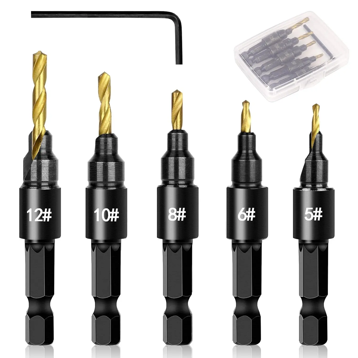 5PCS Professional Steel Adjustable Countersink Power Drill Bit Set with Depth Stop, Wood Drilling Tool for Cycling Equipment Maintenance, Power Drill Bits
