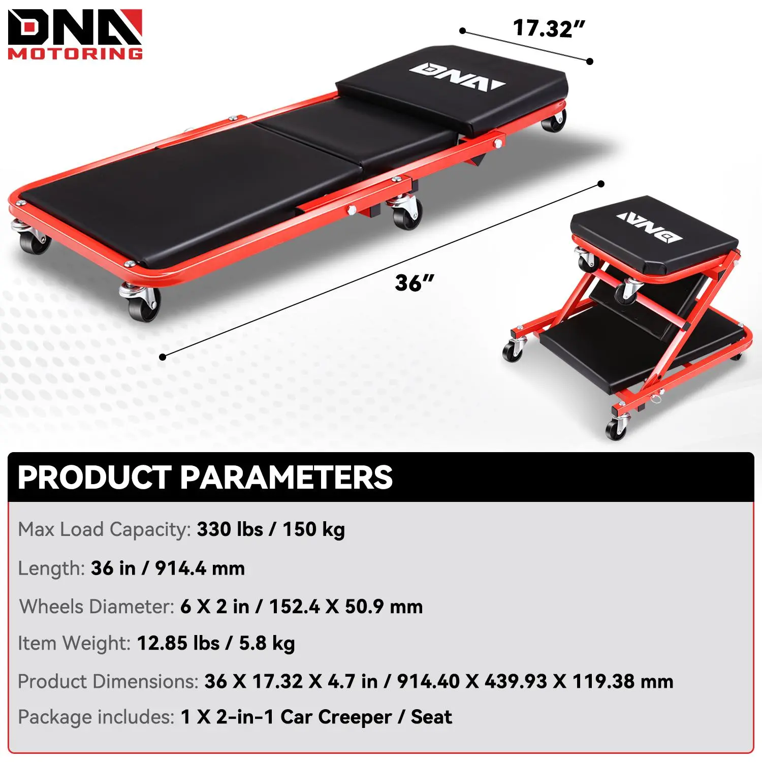 DNA MOTORING 36 Inches 2 IN 1 Rolling Folding Z Car Creeper Seat DNA MOTORING 36 Inches 2 IN 1 Rolling Folding Z Car Creeper Seat