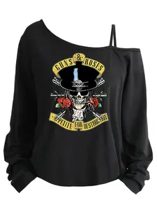 Plus Size Women's Loose-Fit Long Sleeve Cami Top, Asymmetrical Neckline, Letter Print, All Seasons, Sizes 1-8xl