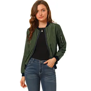 Allegra K Women's Bomber Jacket Casual Lightweight Zip-Up with Pockets Medium Dark Green