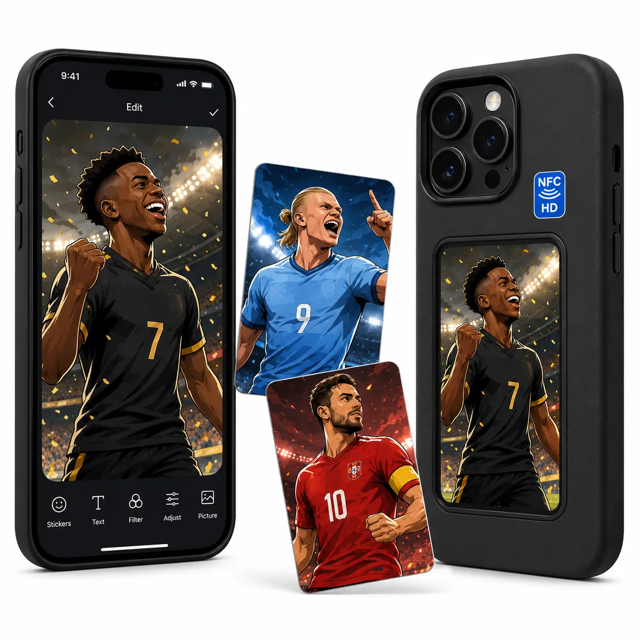 Trendy Smart E-Ink Cellphone Case, 4 Inch 4-Color HD Digital Screen, NFC One Tap Upload Soccer Player Pictures, Shockproof Water Resistant Anti-Fall Protective Shell Compatible with iPhone 15,16,17 Pro Max, Unique Gift for Football Lovers