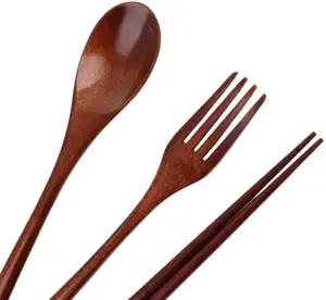Rustic Wood Round Tableware Set, 3PCS Cutlery Including Fork and Chopsticks