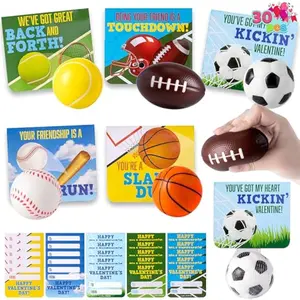 30 Packs Valentines Day Gift Card with Sport PU Balls, Mini Sports Ball Sqishy toy Foam for Classroom Exchange Gift for Kids, Holiday Party Favor Toys, Reward Prizes, Stress and Anxiety Relief