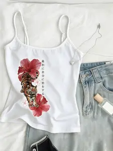 Women's Tiger and Floral Print Slim Fitting Spaghetti Strap Tank Top, Trendy Sleeveless Casual Short Crop Top for All Seasons, Vintage Japanese Style