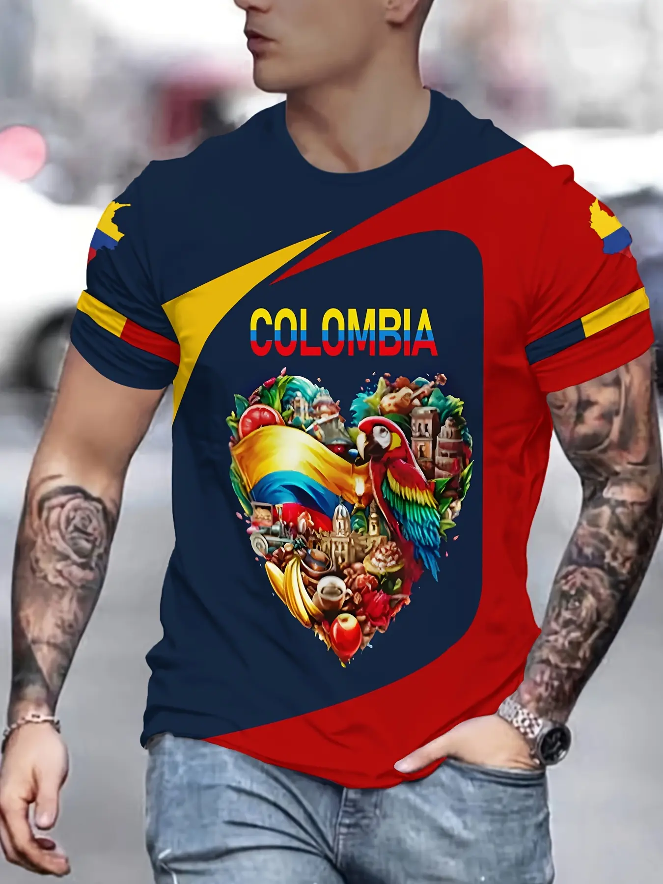 Men's New Style 3D Printed Columbia Fitted Long T-Shirt, Casual Round Neck Short Sleeve Top, Vibrant Graphic Design, Streetwear