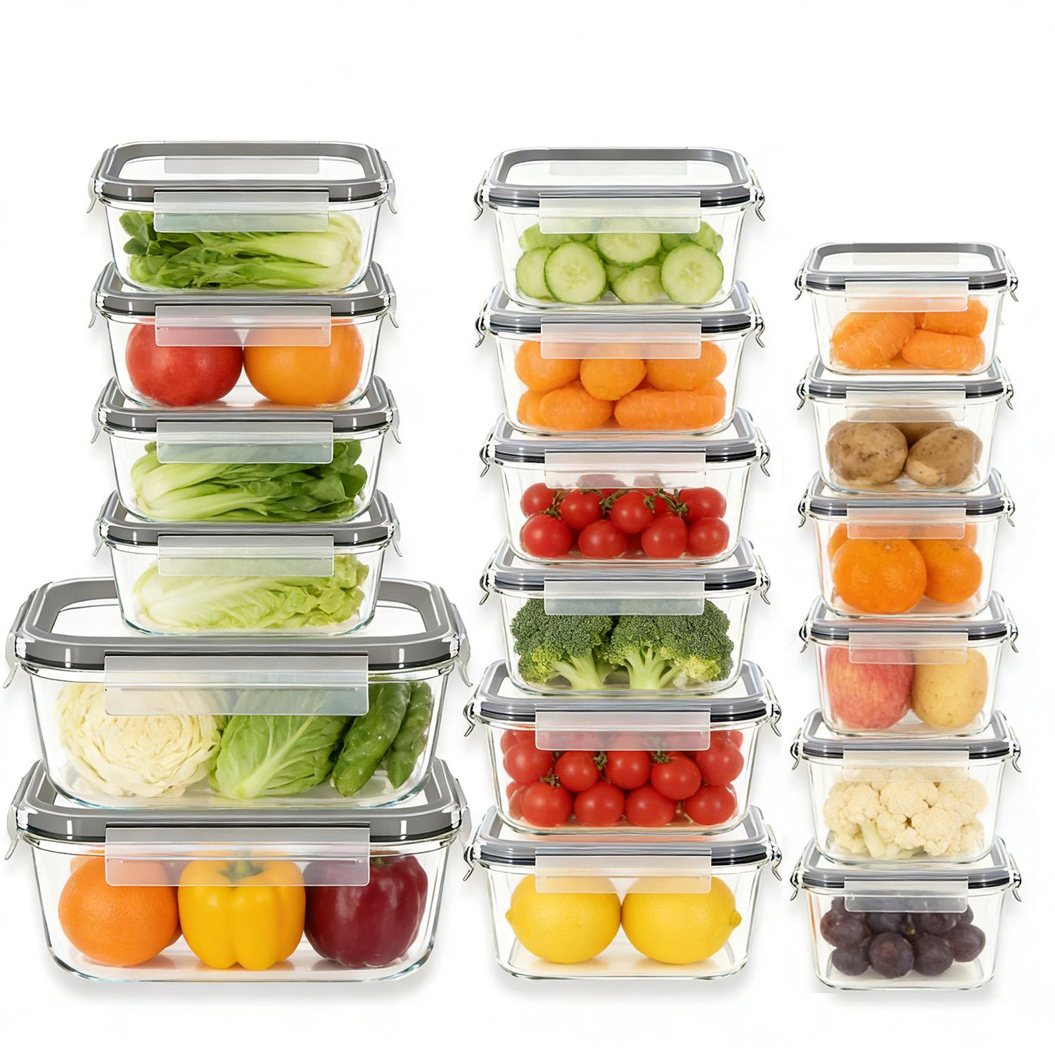 Stackable Glass Food Storage Containers 18-Piece with Black & Blue Airtight Lids 6 Assorted Sizes Leakproof BPA-Free Ideal for Kitchen Pantry and Lunch Box Use