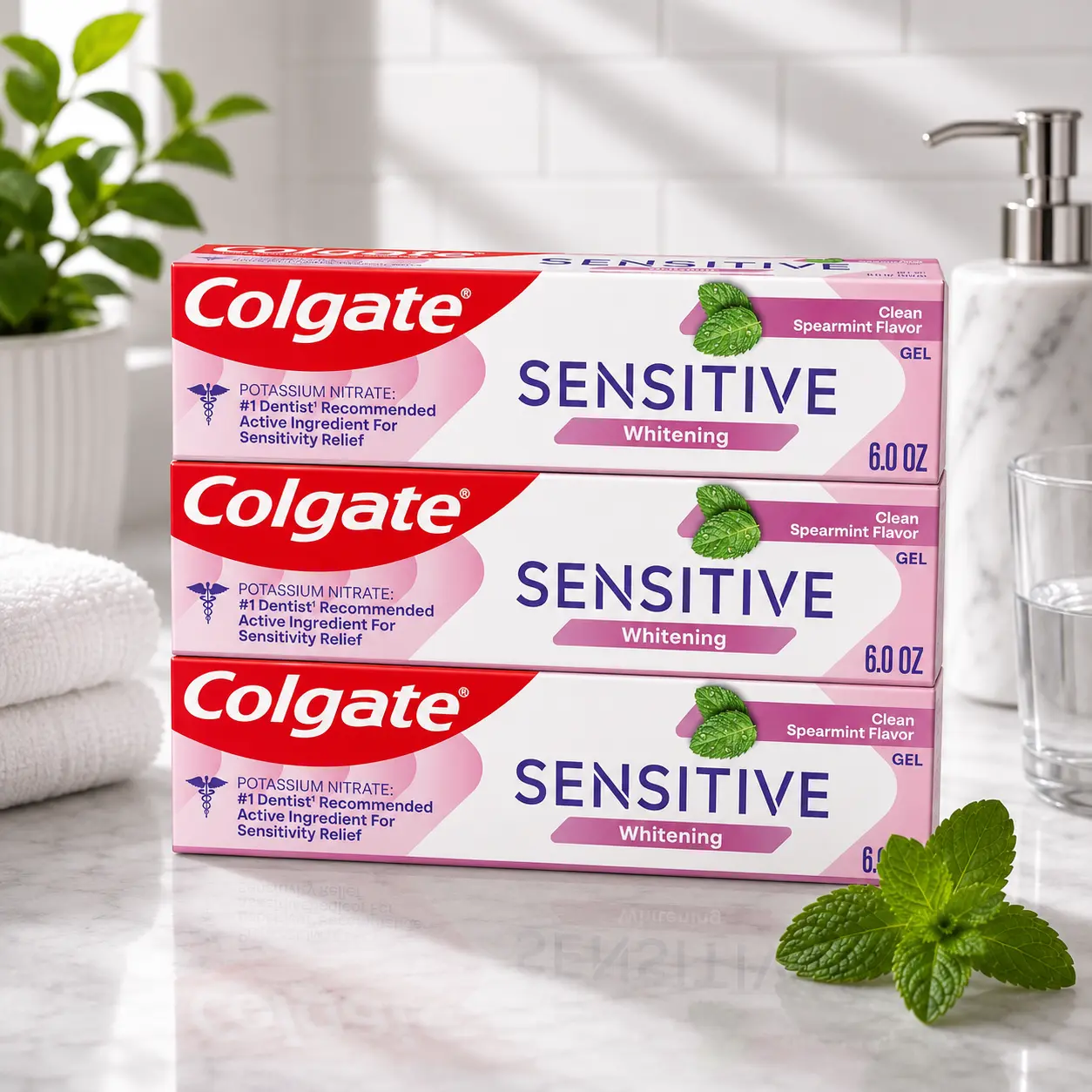 Colgate Whitening Sensitive Toothpaste Gel, Clean Spearmint, 3 Pack, 6 oz | With Potassium Nitrate for Sensitivity Relief, Safely Removes Surface Stains for Whiter Teeth, Promotes Healthy Gums