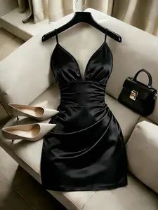 Women's Strapless Mini Dress, Deep V Neck Slim Fit Bodycon Skirt, Waist Cinch Ruched Design, Elegant Evening Wear for Cocktail Party Nightclub Womenswear