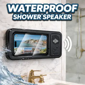 Waterproof Shower Phone Holder with Bluetooth Speaker, 360° Rotation Touch Screen Phone Box, Wall Mounted Anti-Fog Phone Case for Bathroom/Bathtub, Compatible with All Smartphones