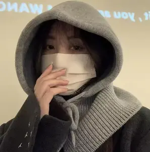 Knitted Hooded Caps Winter Balaclava Hats Women Korean Style Outdoor Warmer Drawstring Hats One-piece Neck Collar Beanies Cap