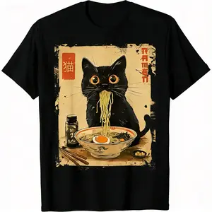 100% Cotton Stylish Vintage Kawaii Cat Ramen Graphic T-Shirt For 100 Cotton Comfortable Crew Neck Short Sleeve Casual Top With Heat Transfer Print Regular Fit All Season Wear Made In USA T-Shirt For Men and Women