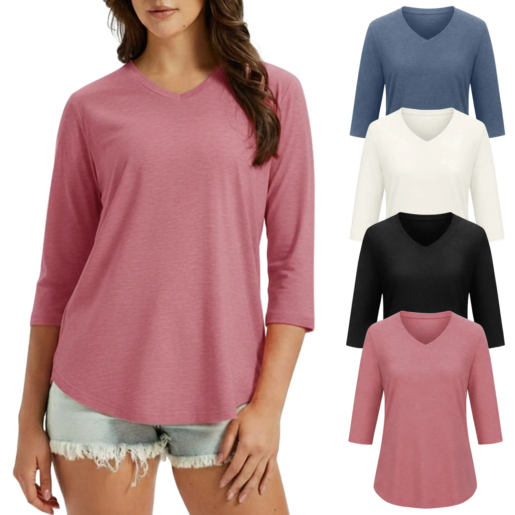 VILIGO 4 Pack 3/4 Length Sleeve WomensTops Basic Casual V Neck Flowy Loose Fit Plus Size PlainLoungewear Tops for Spring Summer Fall Clothes