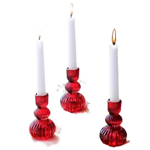 Woho Red Candlestick Holders Set of 3 for Christmas Decorations, 4.3" H Vintage Ribbed Taper Candle Holders for Dining Table, Glass