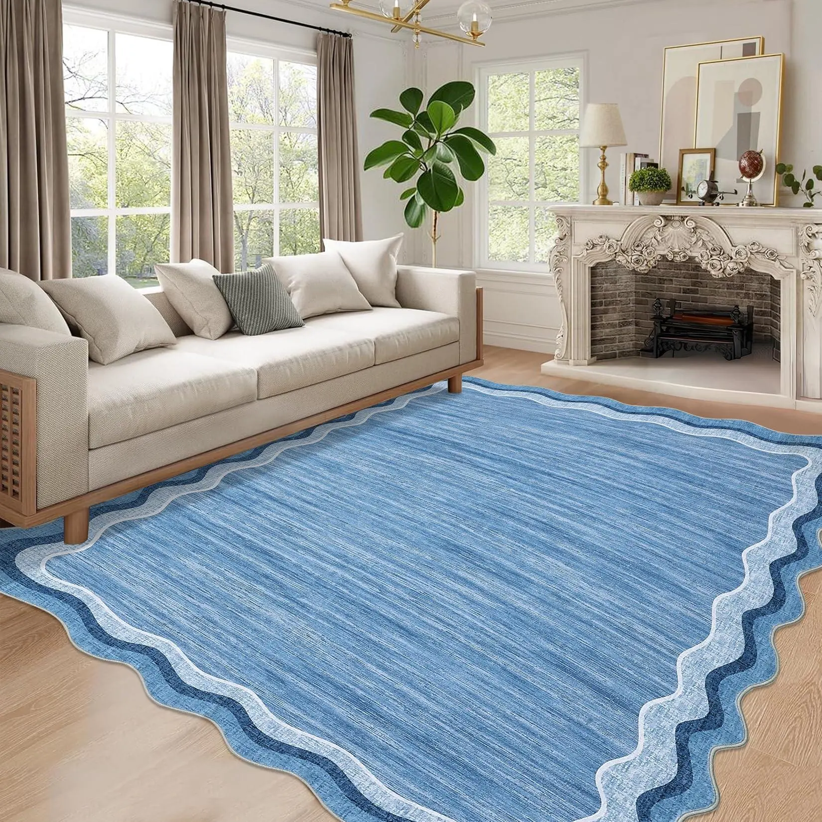 Blue Scalloped Washable 8x10 Rugs for Living Room Bedroom Large Scalloped Solid Rug Non-Slip Stain Resistant Carpet Easy Clean Kids&Pet Friendly Carpet for Nursery Dining Room Table Dorm