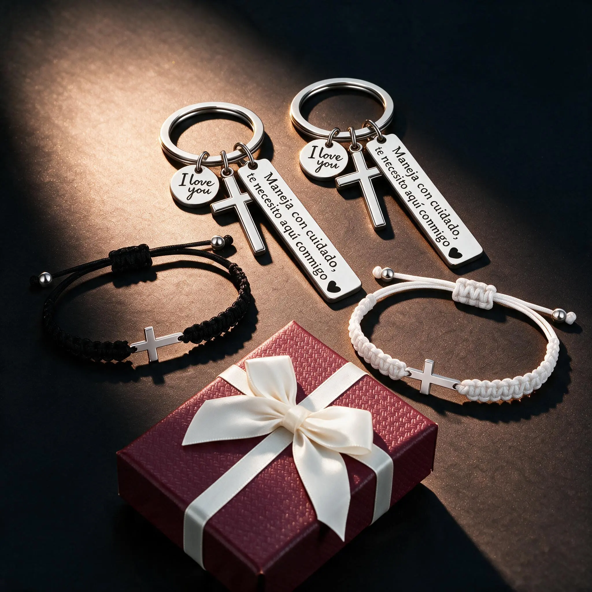 Maneja Con Cuidado Te Necesito Aqui Conmigo Spanish Drive Safe Car Keychain & Matching Cross Bracelets Set, His and Hers Couples Gift for Boyfriend Girlfriend Husband Wife, Anniversary Birthday Valentine's Day Llaveros, Auto Accessories Box