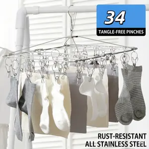 34-Piece Wind-Resistant Thickened Stainless Steel Clothes Rack, Durable Rust-Free Clips, Ideal for Dorms, Hotels, Balconies, Outdoor Use