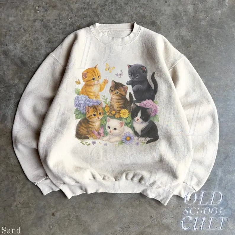 Retro Kitten Sweatshirt , 90s Vintage Cute Cats Pullover, Boho Unisex Floral Cat Butterfly Graphic Crewneck, Retro Animal Top