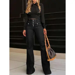 Women's High Waisted Jeans Wide Leg Button Fly Bell Bottoms Flared Denim Pants Shirt Womenswear Plain Casual Blue Fits Flat T-Shirt