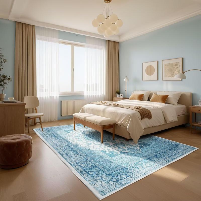 Non-Slip Washable Faux Wool Vintage Boho Rug, Retro Distressed Medallion Carpet 5x7 6x9 ft, Red/Blue Low Pile Soft Mat for Entryway Kitchen Traditional Interiors