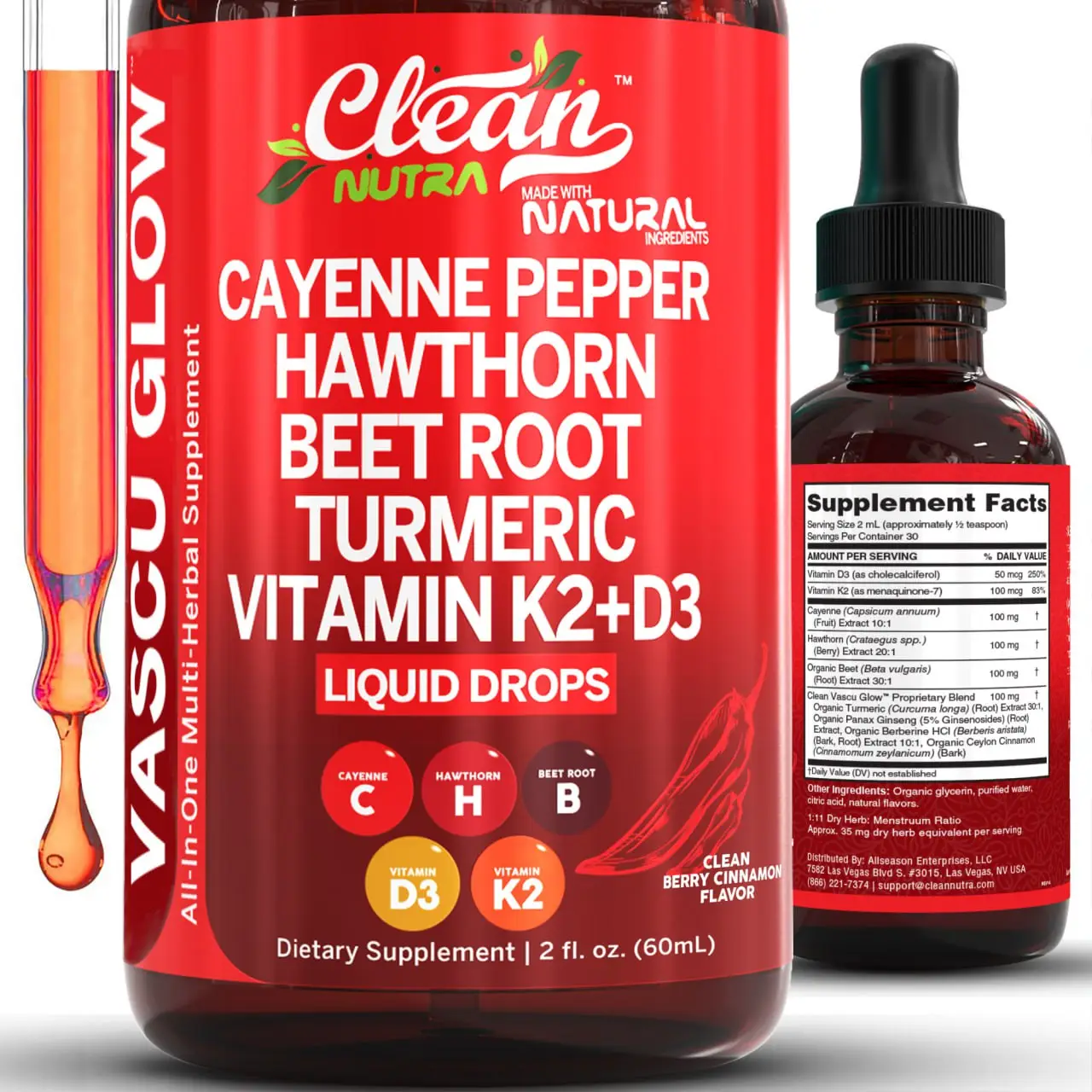 Cayenne Pepper Supplement Liquid Drops + Hawthorn Berry, Vitamin D3 K2 Organic Beet Root Powder, Ceylon Cinnamon, Turmeric Curcumin, Panax Ginseng