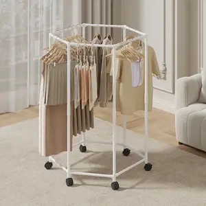Hexagon Rotating Floor Clothes Rack Dormitory Coat Hanger Stand Indoor Drying Rack Movable Garment Organizer Hat Stand