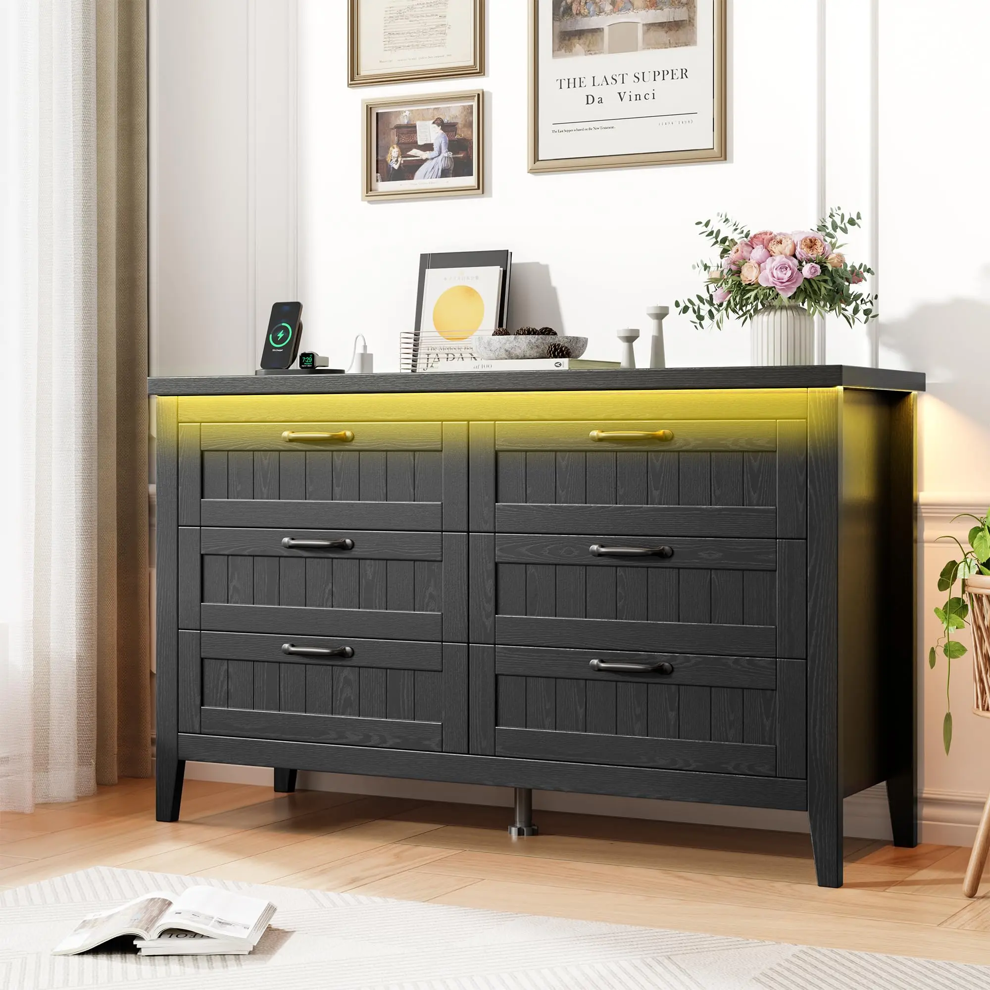 Farmhouse 6-Drawer Dresser with Charging Station & LED Lights – Slim Wooden Bedroom Chest of Drawers for Stylish Storage