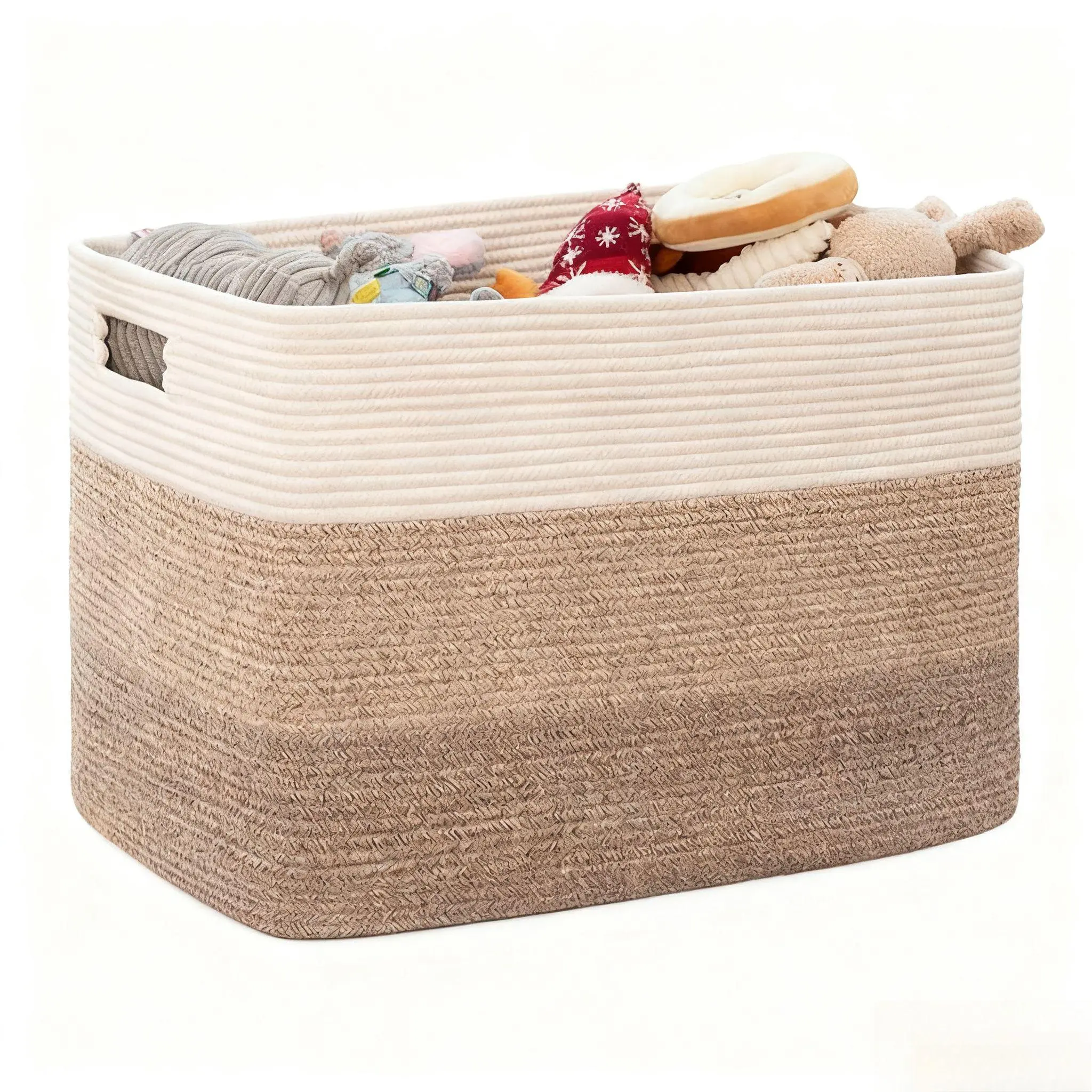 Large Rectangular Woven Cotton Rope Storage Basket with Handles - Multi-Purpose Natural Look Organizer for Kids Toy Storage, Nursery Use