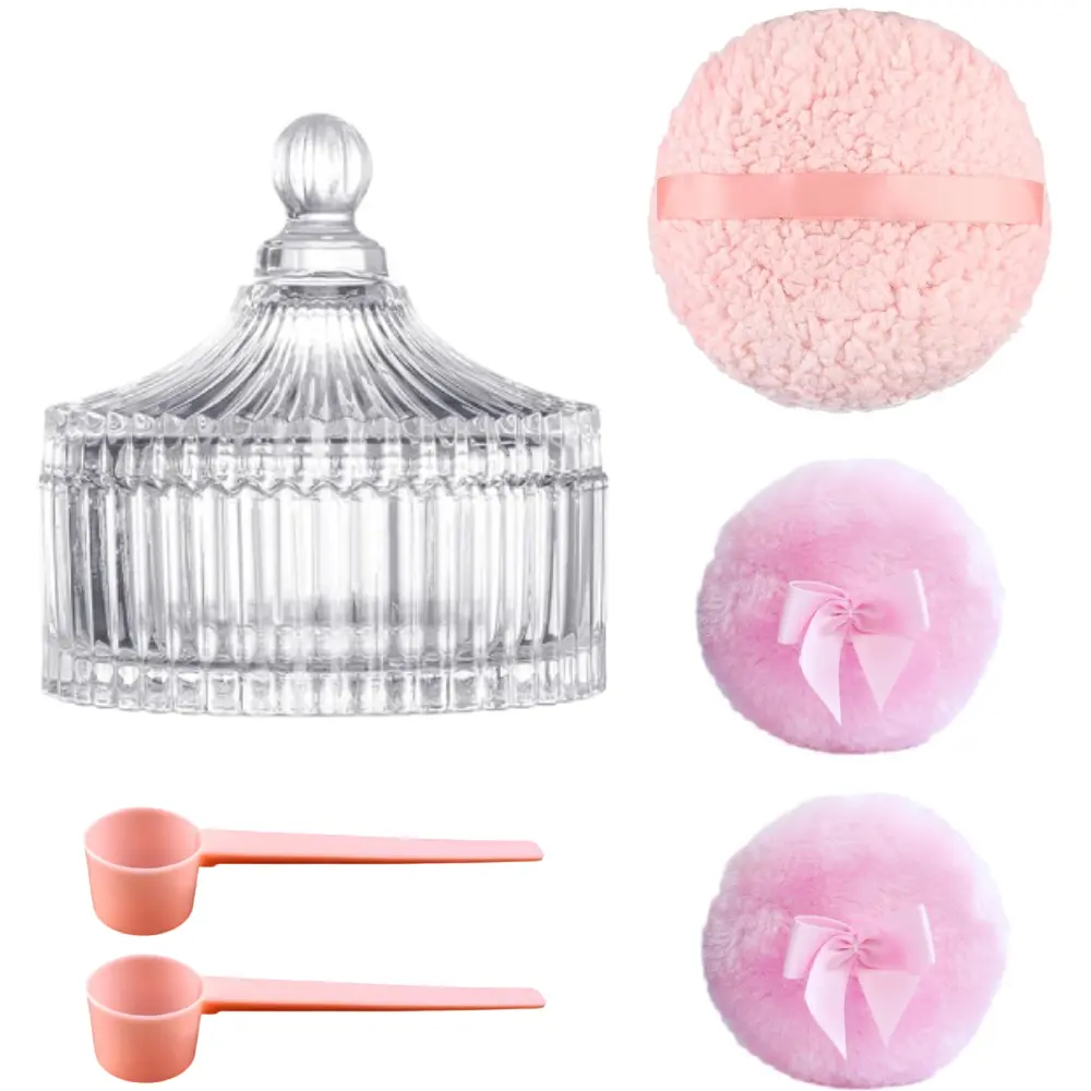 6-pcs body powder tool set, including a covered container, 3pcs soft powder puff, and 2pcs measuring spoon, can store loose powder, set powder, and body powder