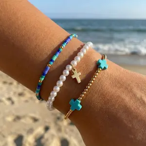 Multicolor Layered Beaded Bracelet Set — Featuring Spliced Pearls and Metal Gold Bead Accents