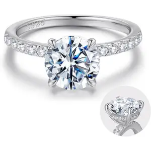 2ct Hidden Halo Engagement Rings for Women, 14K White & Yellow Gold Plated Solid 925 Sterling Silver Cubic Zirconia Ring, 4-Claw Side Stone Solitaire Engagement Ring