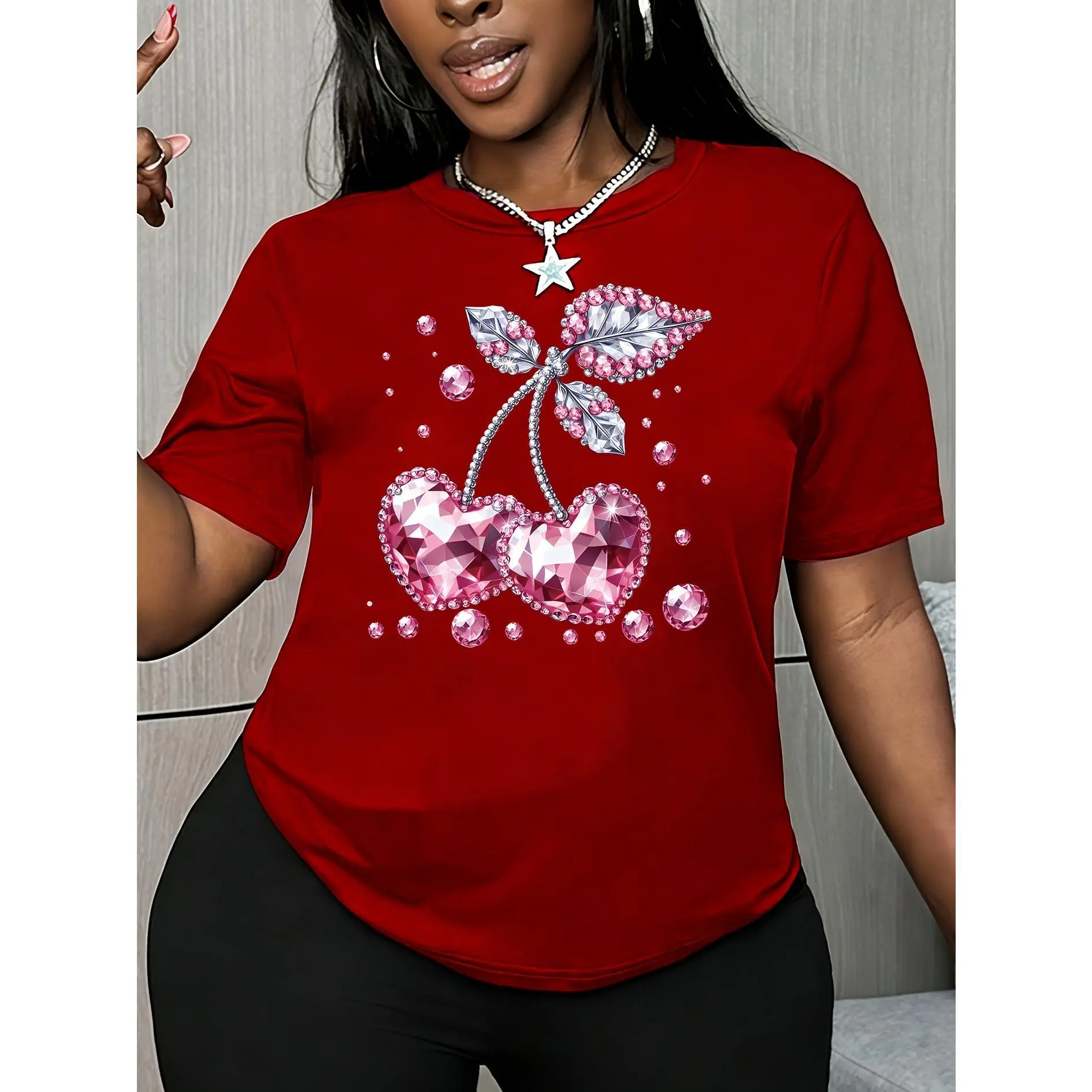 Women's Oversized Cherry Leaf Graphic T-shirt, Casual Short Sleeve Top in Soft 100% Cotton Fabric, Shortsleeve, Printed, Smooth, Lady, Tshirt, Basic, Fit