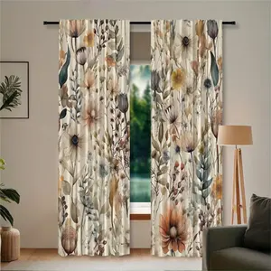 2 pieces, Bohemian retro art printed curtains, elegant wild plant flower design, pole pocket hanging, window treatment, polyester fiber, semi blackout enhanced privacy, suitable for bedroom, living room, kitchen, dining room, office home decoration.