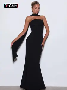 Women's Black Tie-neck Dress, Formal elegant dress, Solid Ruched Sleeveless Strapless Backless Tube Dress & Halter Neck Scarf Ribbon Two-piece Set, Back Zipper Long Dresses, Cocktail Party Evening Gown Wedding Guest Outfit For Ladies, Formal Wear